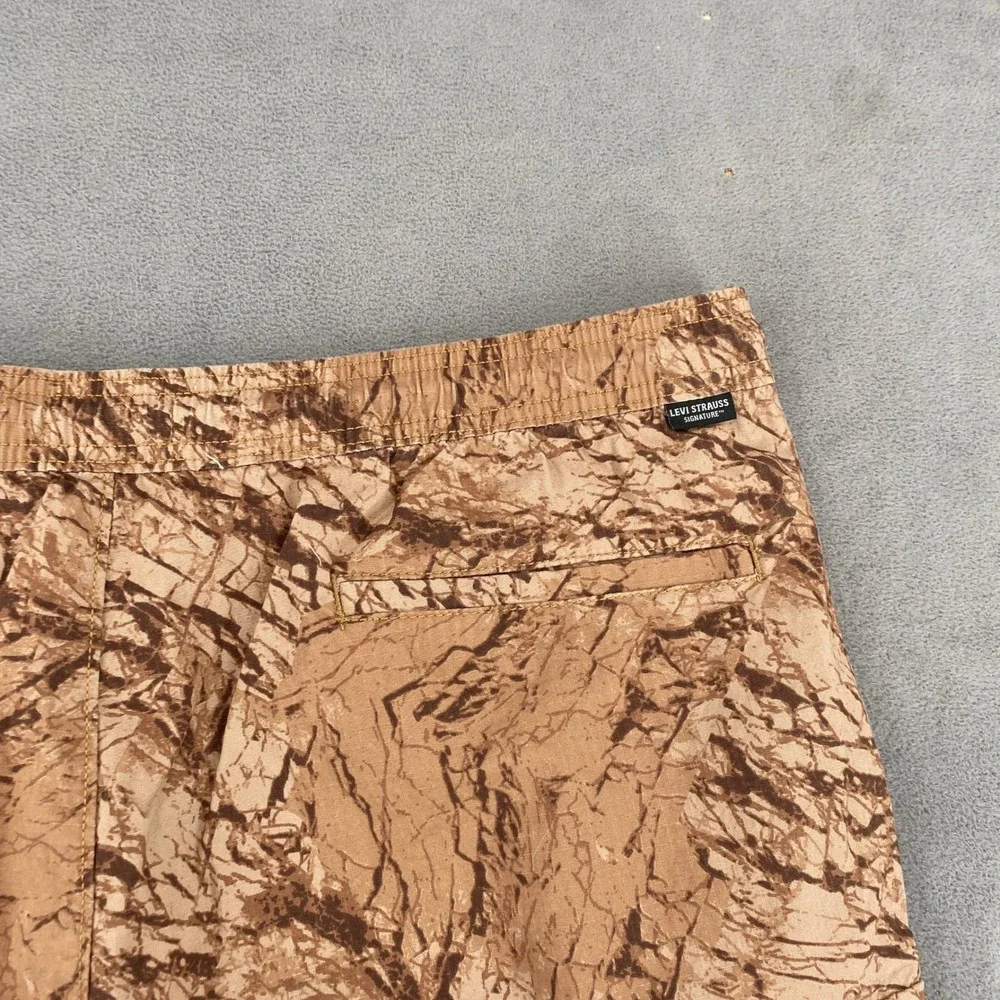 Levi Strauss Signature Mens Cargo Shorts Brown Marble Rock Print XL Elastic Wais